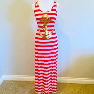 Gold Sequin Anchor Yacht Red Stripe Dress